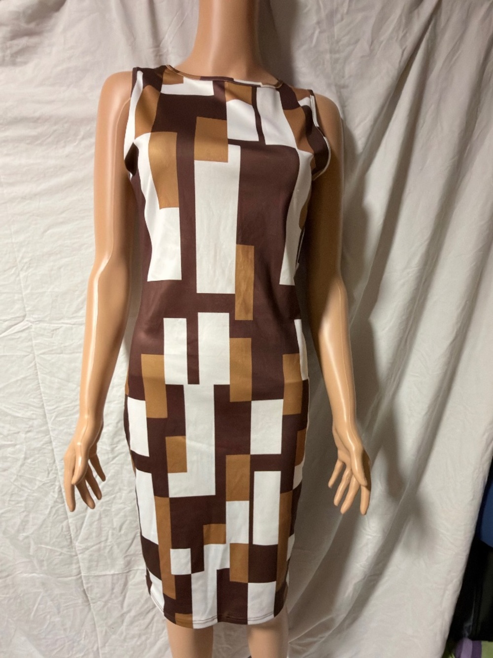 Retro Geometric Print Midi Dress & Open-Front Cardigan Set – Size S
